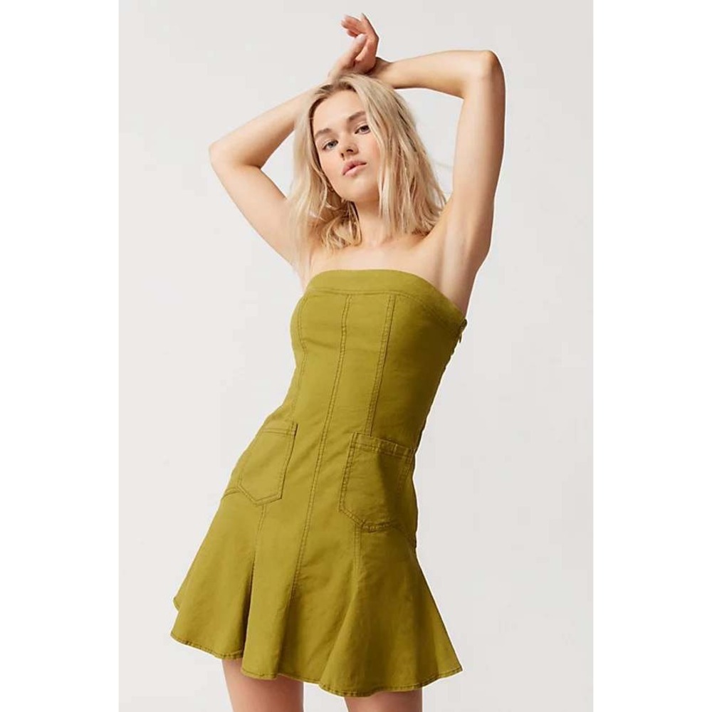 BDG Dress Women Small Olive Green Strapless Linen Blend Mini Fit & Flare‎ Tube